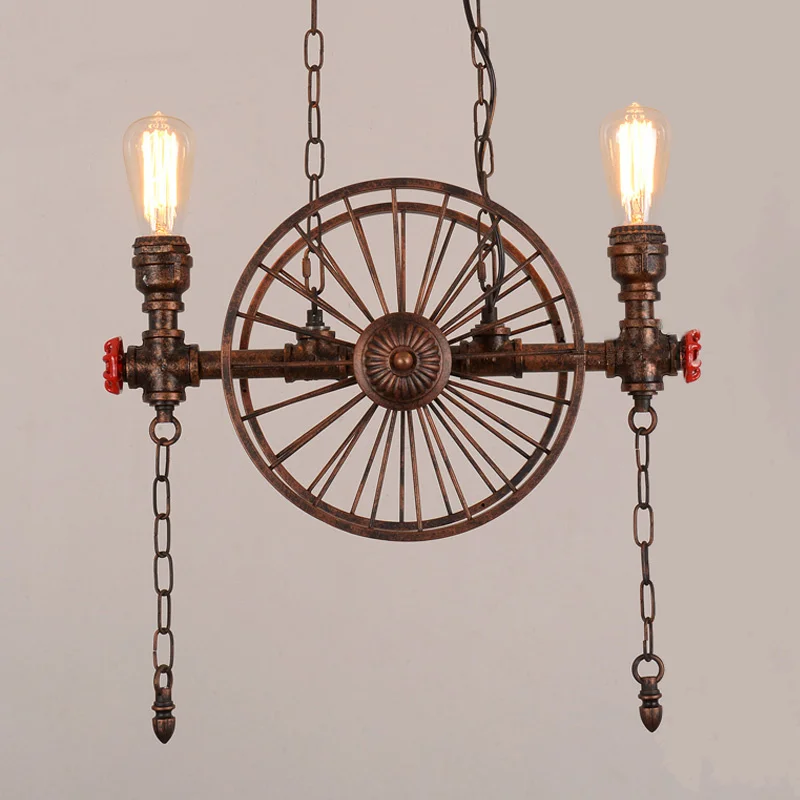 

Retro Industrial Chandelier Light Restaurant Bar Dining Room Light American Iron Wheel Droplight Water Pipe Pendant Lamp