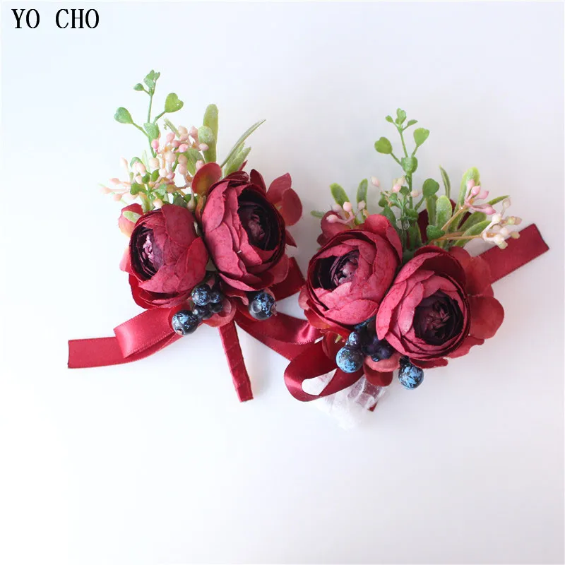 YO CHO Dropshipping Wedding Bride Bridesmaid Wrist Hand Flower Artificial Rose Decorative Christmas Corsage Party Holiday Decor