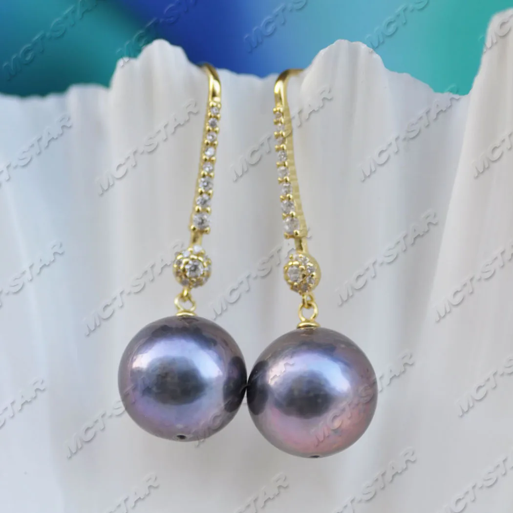 

Z11738 A+ 14mm Black Round Edison Keshi Pearl Dangle Earring CZ