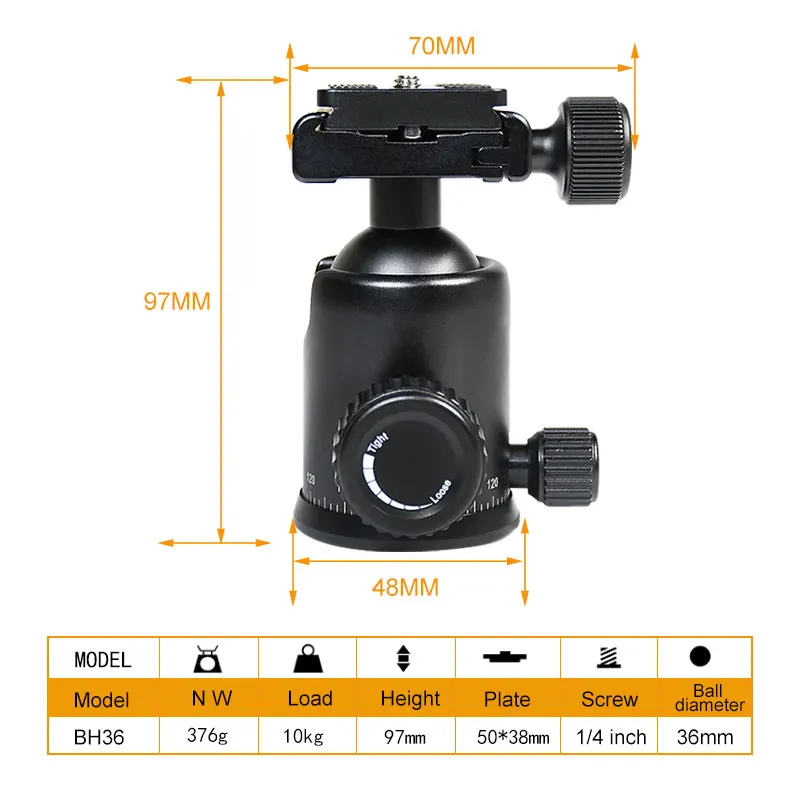 파노라마 샷 삼각대 헤드 회전 볼 헤드 36mm 볼 직경 카메라 Dslr Arca 용 퀵 플레이트가있는 모노 포드 마운트 어댑터