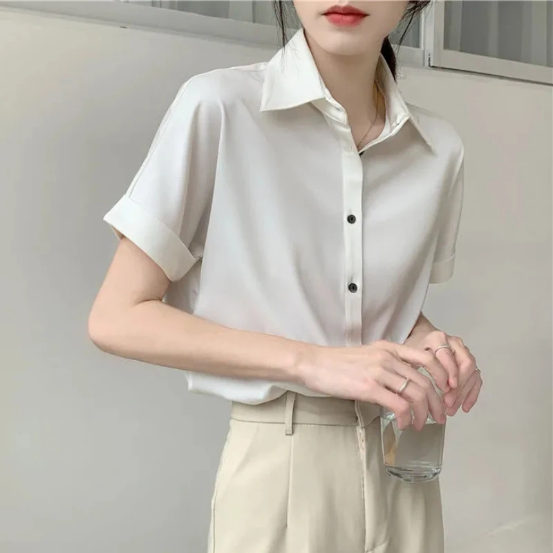 JMPRS Elegant Women Chiffon Shirt White Office Summer Short Sleeve Summer Ladies Tops Casual Loose Large Size Button Up Blouse