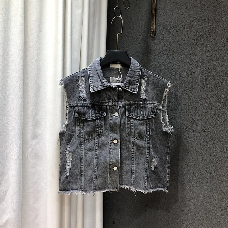 

Denim Sleeveless Vest Jacket Womens New Turn-Down Collar Single Breasted Loose Hole Fashion High Street Vintage Female Vest