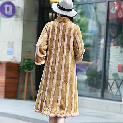 Top brand size Stand Plus Collar Stripe Faux Fur Coat N42  high quality