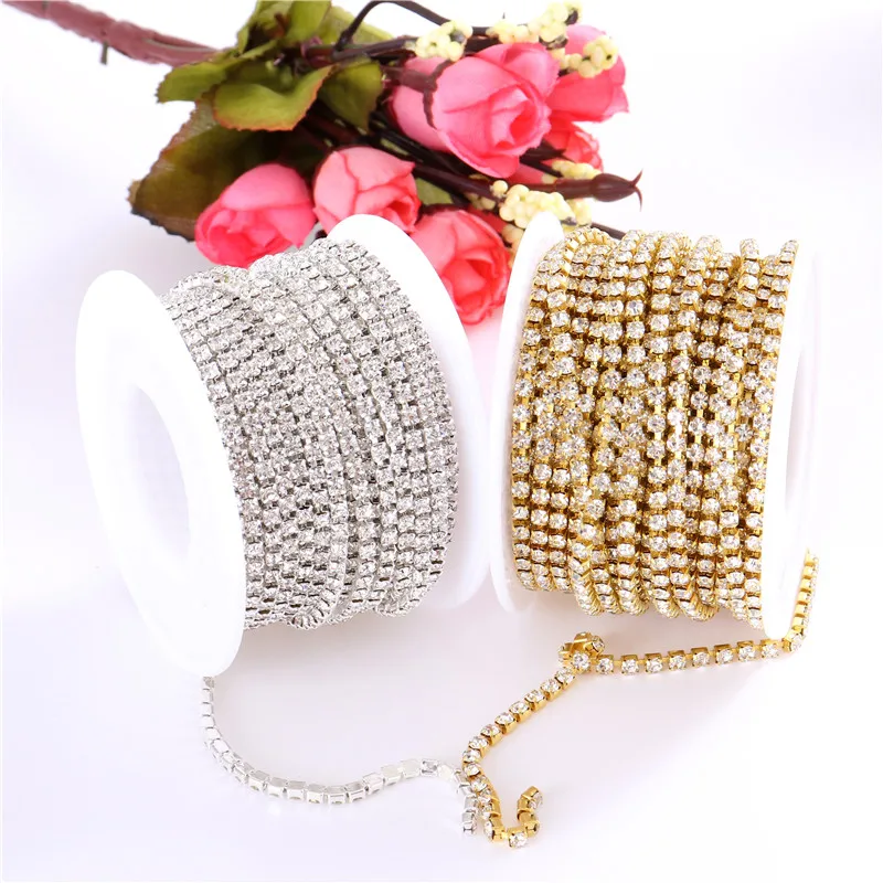 New 2mm-4mm Glass Rhinestone Chain with Silver Base Crystal Faltback Sewing Accessories for Garment Bags decorations