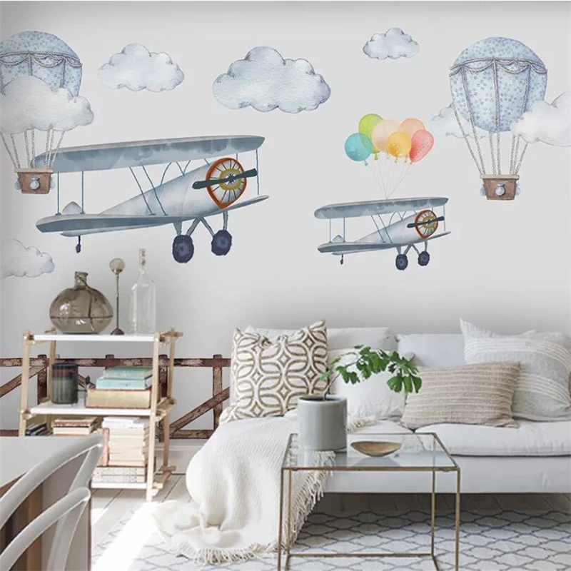 

wellyu Customized large mural Nordic minimalist hand-painted cartoon airplane balloon children's room background wall