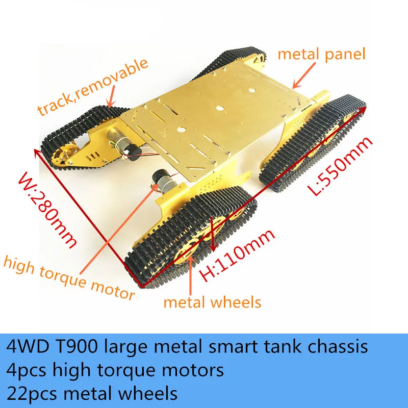 4WD T900 Lớn Kim Loại Khung Gầm Xe Tăng Bộ Thông Minh Bánh Xích Mô Hình Robot Mô Men Xoắn Cao 9V/12V DC tự Làm Giáo Dục Chịu Tải Trọng Lớn