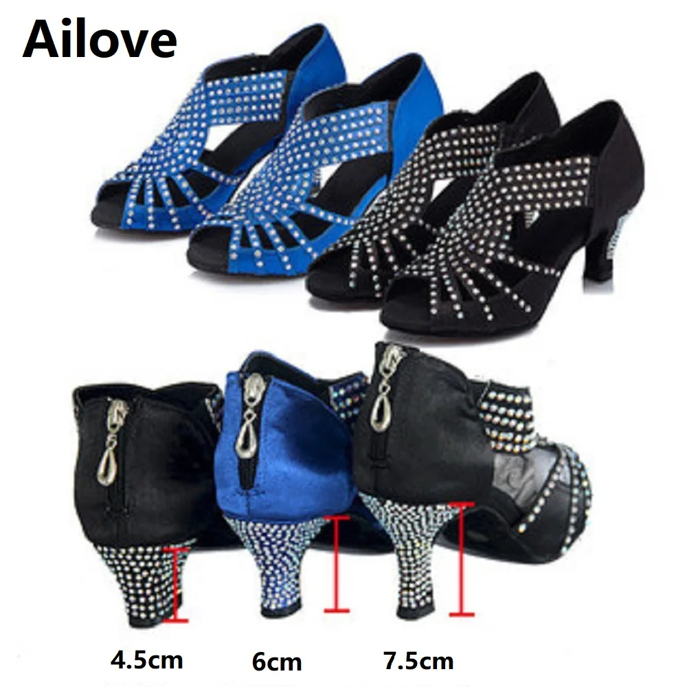 Rhinestones Ballroom Latin Dance Shoes Women Salsa Rumba Performance Peep-toe Danc Sandals Multiple Heel Height ALS035