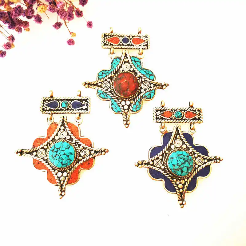 TBP404 Nepal Indian Pendant Copper Inlaid Colorful Stone Vintage Jewelry Big Pendants for Girl