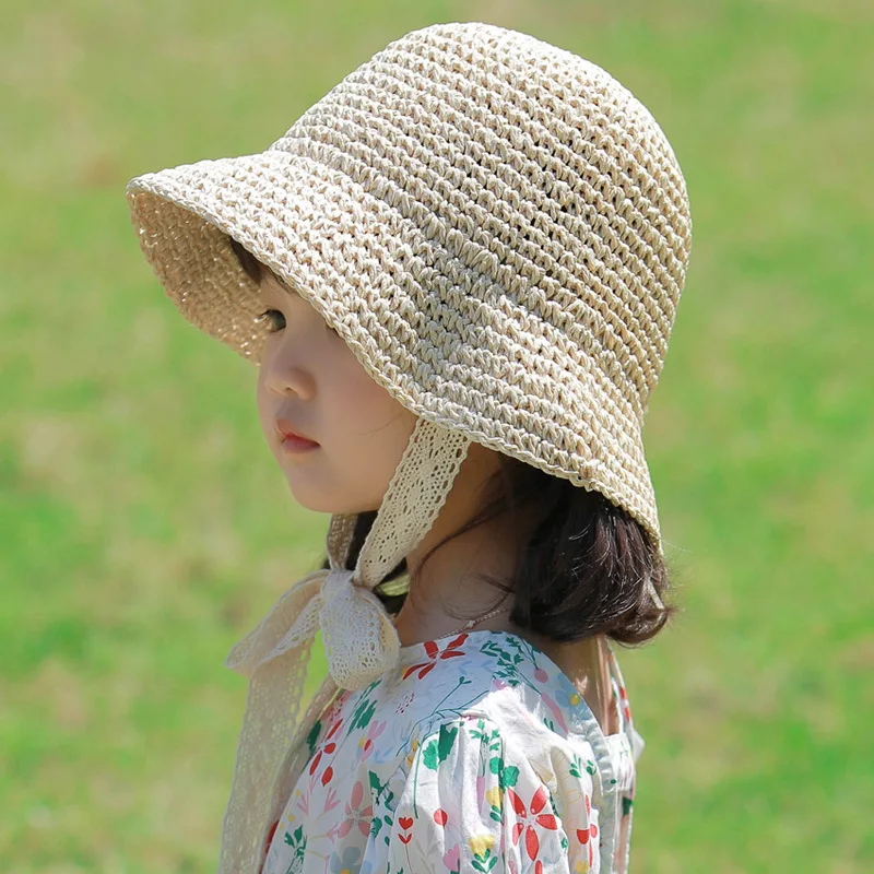 Baby Straw Bucket Hat for Girls Boys Summer Beach Travel Kids Hats with Adjustable Lace Windproof Rope  Fashion Accessories 2-6Y