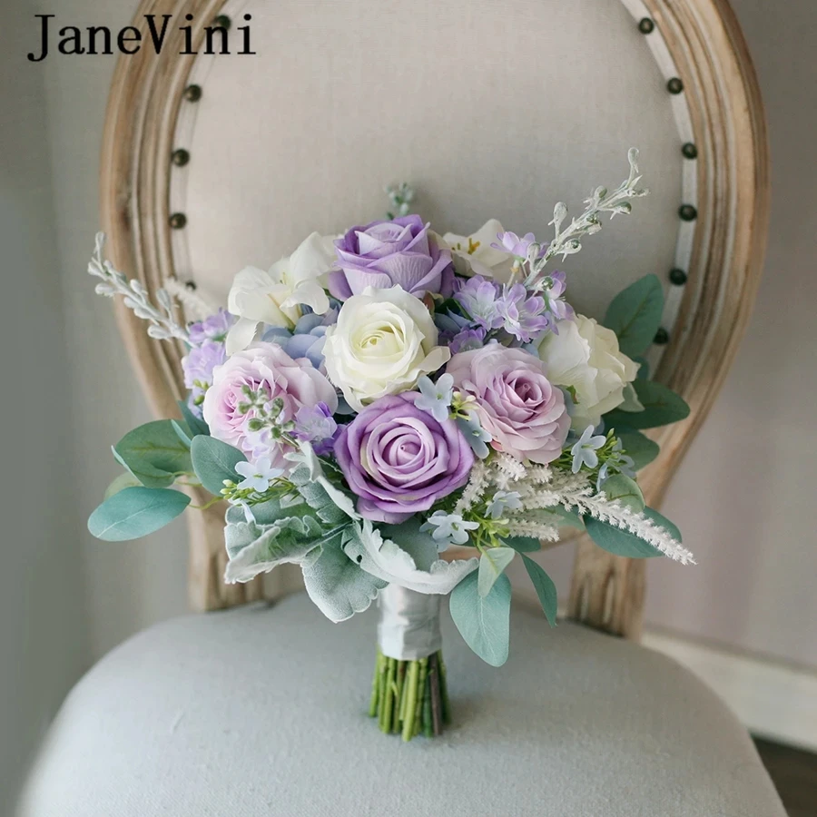 JaneVini Boeket Bloemen Purple Artificial Rose Bride Flower Wedding Bouquet Flowers Bridal Bouquets Accessory Ramo Flores Novia