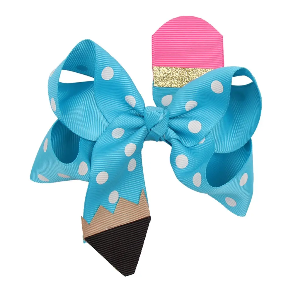 CN Fashion Back To School Pencil Print Hair Bows for Girls Hair Clips Cute Dot Bowknot Hairgrips Kids Hair Accessories