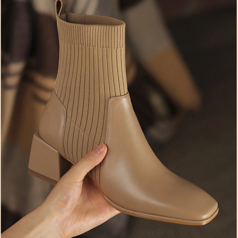 

2021 Martin Boots Autumn and Winter New Thick Heel Square Toe Short Boots Women's Knitted Apricot Stretch Womem Shoes