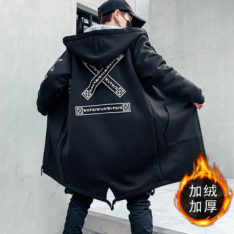 

Fleece Jacket Winter Parkas Men 5XL Print Military Japanese Hooded Long Trench Coat Black Hip Hop Streetwear Thick Men's Jackets