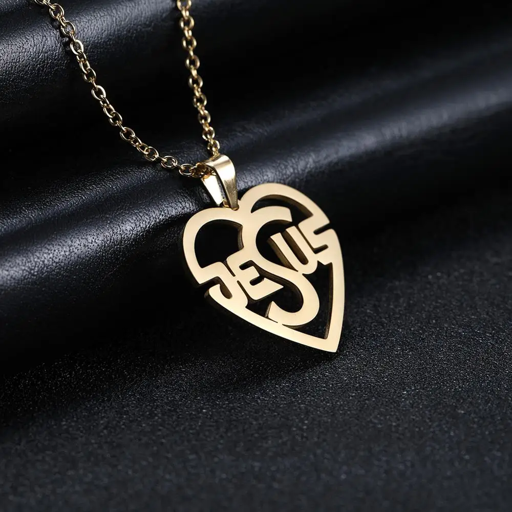 Myshape 316L Stainless Steel Christian Jewelry Heart Cross Shaped Jesus Silver Color Color Golden Pendant Men Woman Necklace