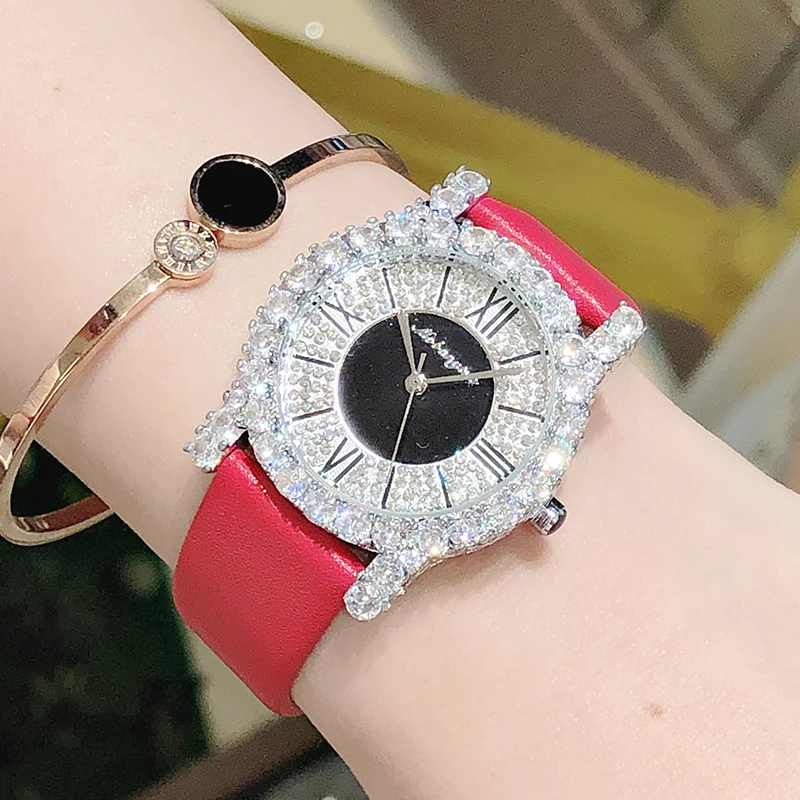 Fashion Diamond Bling Crystals Women Wristwatch Small Thin Luxury Bracelet Leather Elegant Female Dress Clock Relogio Feminino