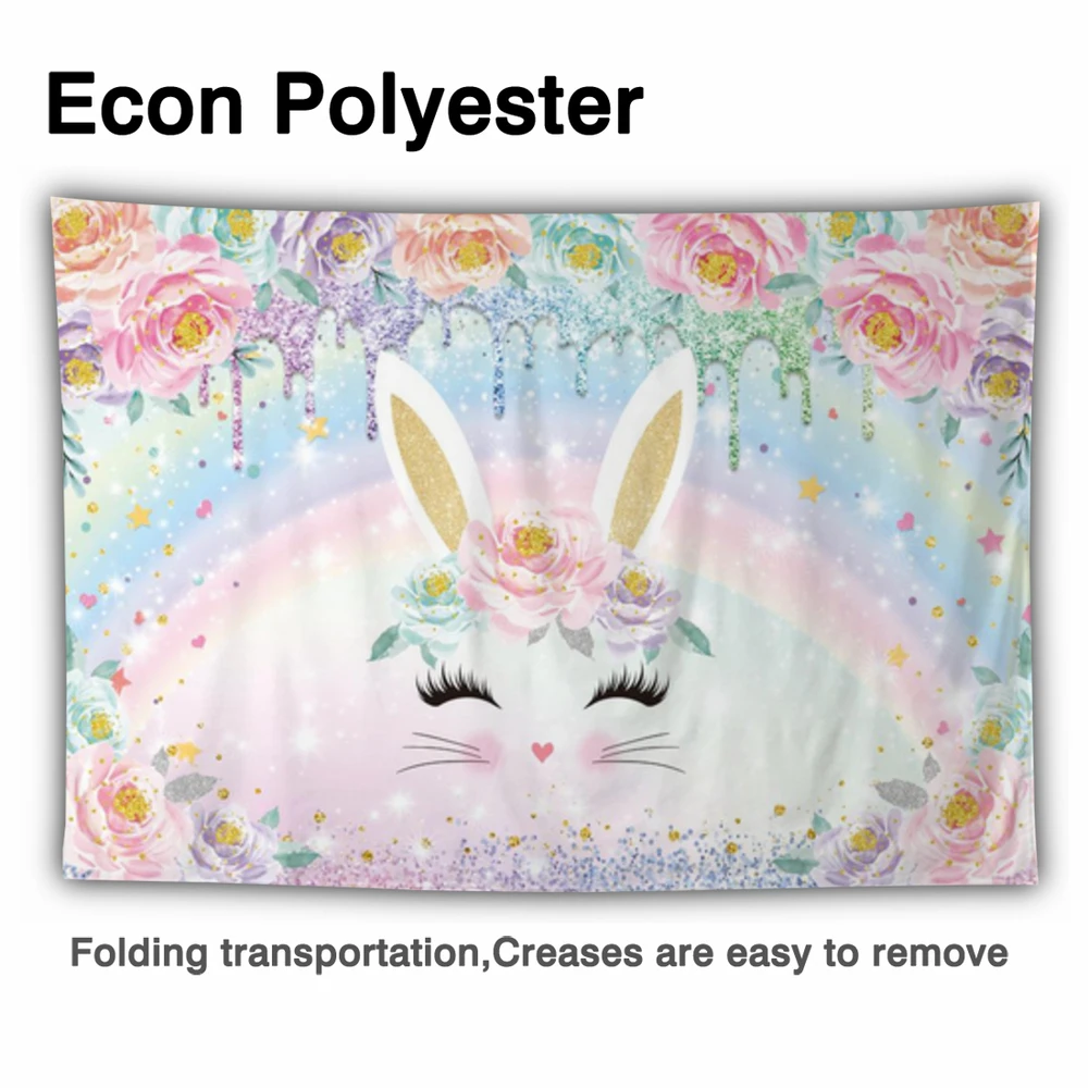 Allenjoy 핑크 토끼 부활절 배경 꽃 토끼 사진 배경 봄 꽃 무지개 베이비 샤워 장식 배너