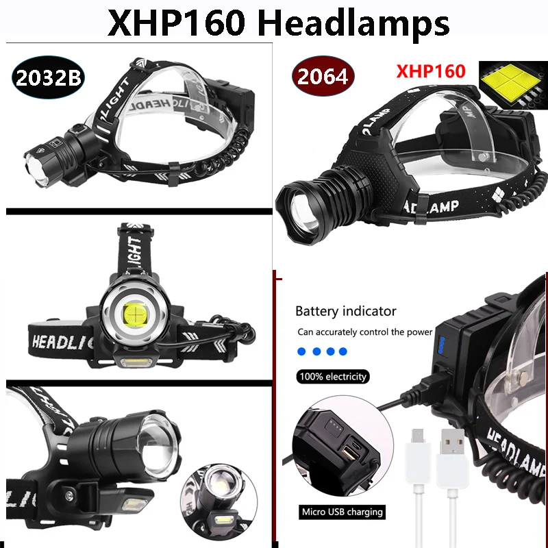 XHP160 Most Powerful Led Headlamp COB High Power Led Headlight 18650 Light Rechargeable Head Flashlight Zoom Usb Head Lamp