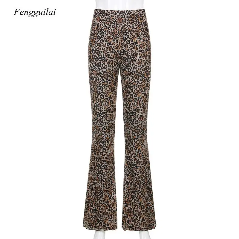 Fashion Leopard Pattern Flare Pants E-Girl Vintage Slim Animal Print High Waist Long Pants Wild Autumn 90S Outfits