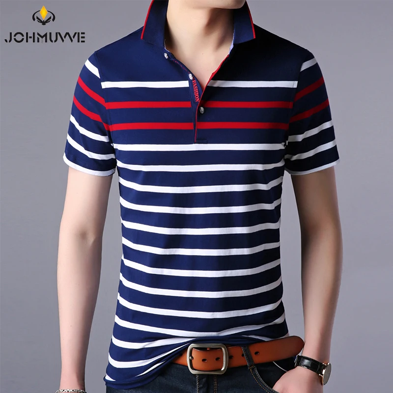 JOHMUVVE  New Men Lapel Short Sleeves Fashion Trend All-match Casual Business Work Pinstripe Multicolor Polo Men Summer