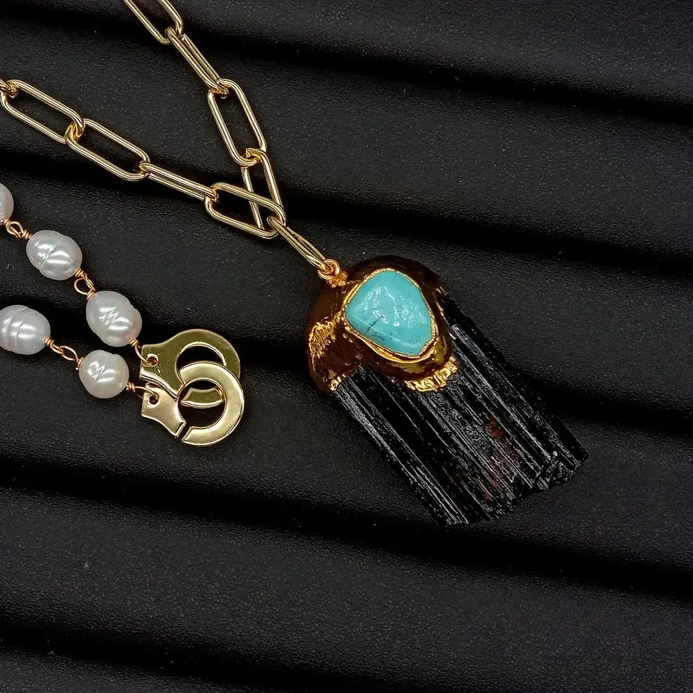 YYGEM Freshwater White Rice Freshwater Pearl Gold Filled Chain Natural Black Tourmaline Rough Pendant Necklace 18" #4