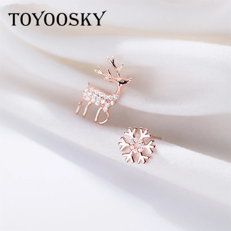 TOYOOSKY Stylish Asymmetric Snow Flake Deer Stud Earrings Christmas Gift 925 Sterling Silver Cubic Zirconia For Girl Woman