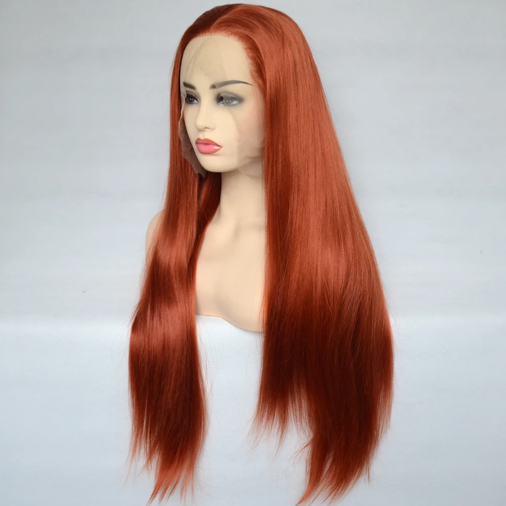 Voguequeen Copper Red Synthetic Lace Front Wig Silky Straight Heat Resistant Fiber Daily Wear For Women