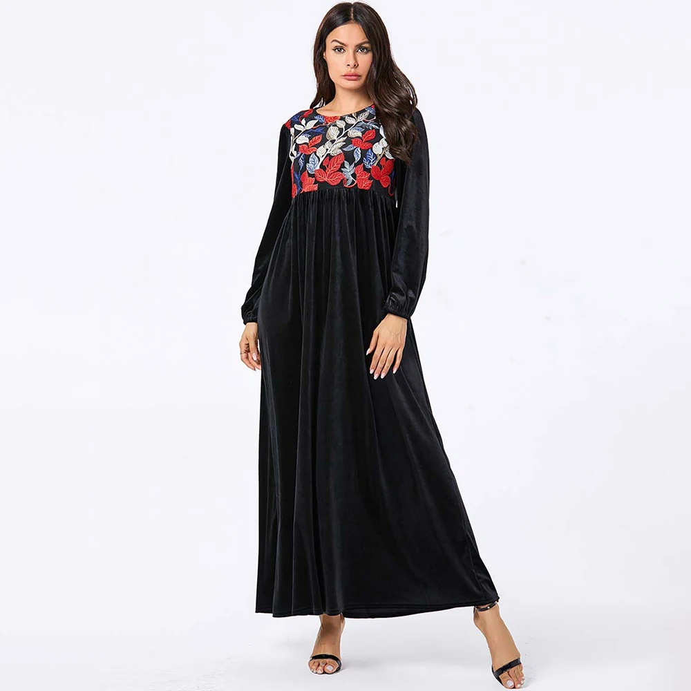 

Muslim dress Fashion women's black plant embroidered Arabian casual gold velvet large swing dress Abaya Dubai Dresses