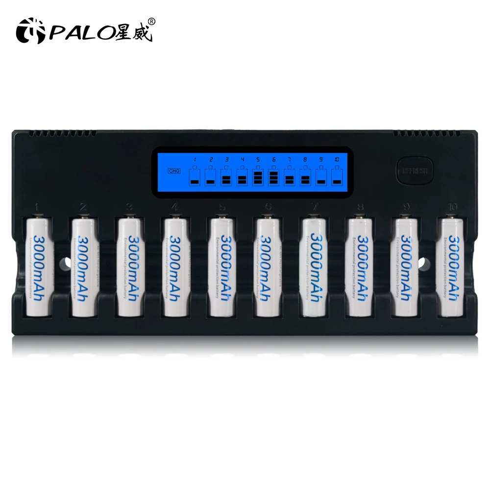 PALO Original 10 Slots Intelligent LCD Display AA Battery Charger For NI-MH NI-CD Rechargeable Batteries Multi-function Charger