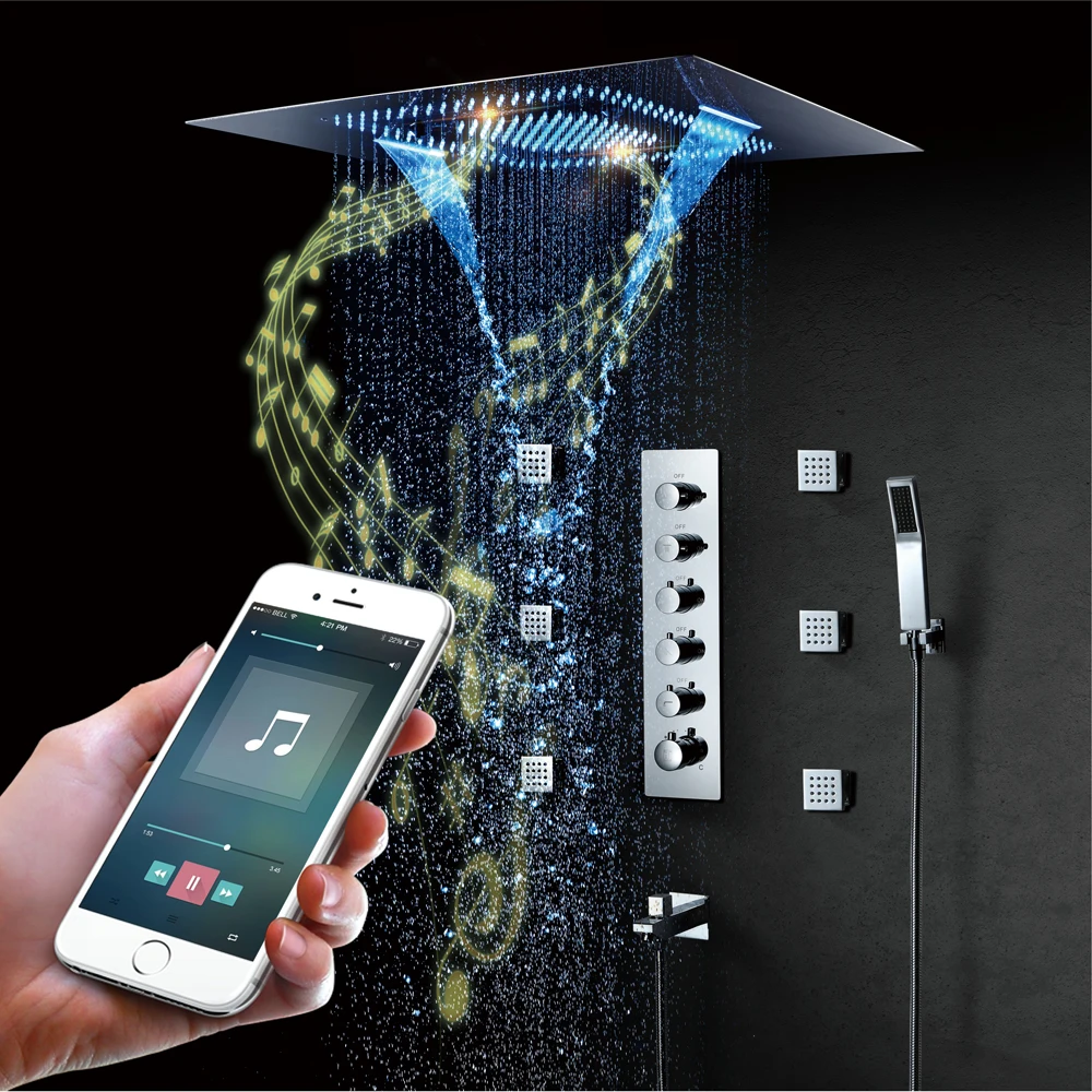 Music Shower Head Remote Control LED 60x80cm Misty Waterfall Rainfall Ceiling Bathroom Thermostatic Shower Faucet with Body Jet