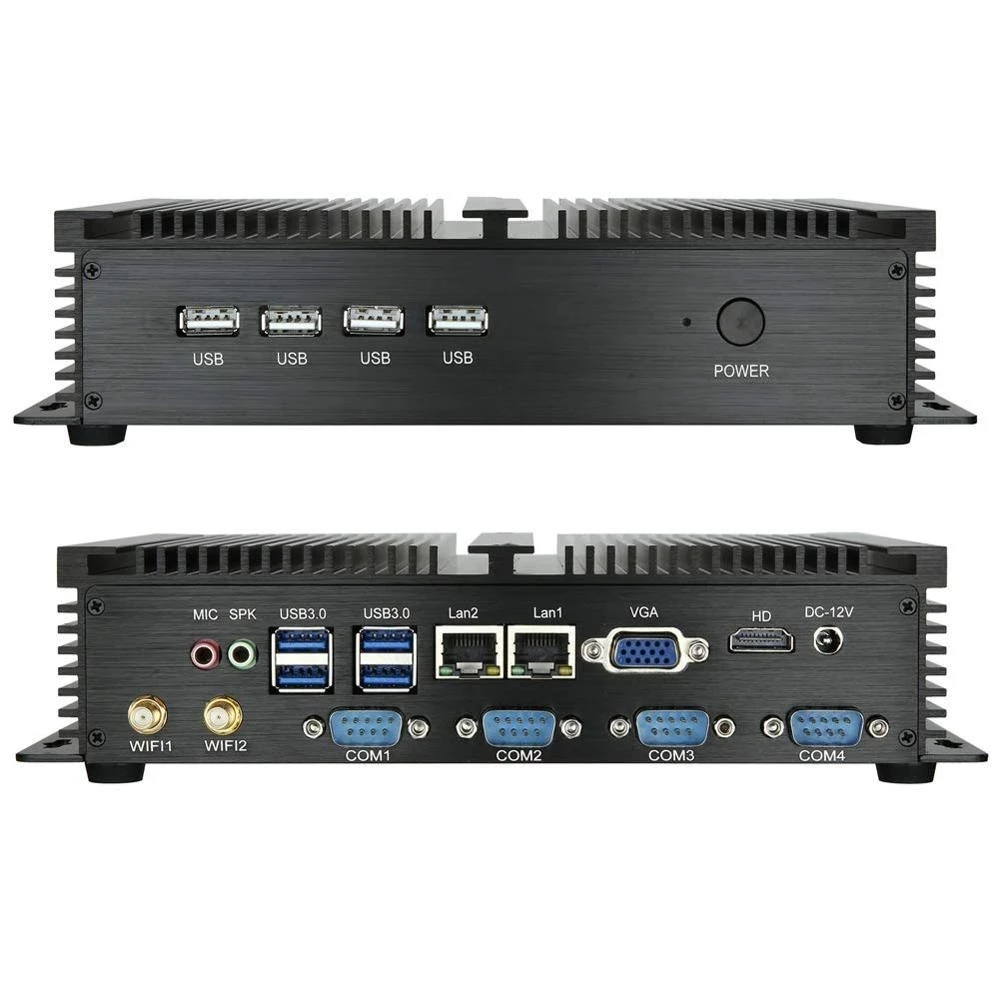 Mini PC, boîtier TV sans ventilateur, 4 x COM, RS232, double LAN, RJ45, 1000M, HDMI, VGA, NUC, Win10, Intel 3317U, Celeron 1037U, HTPC