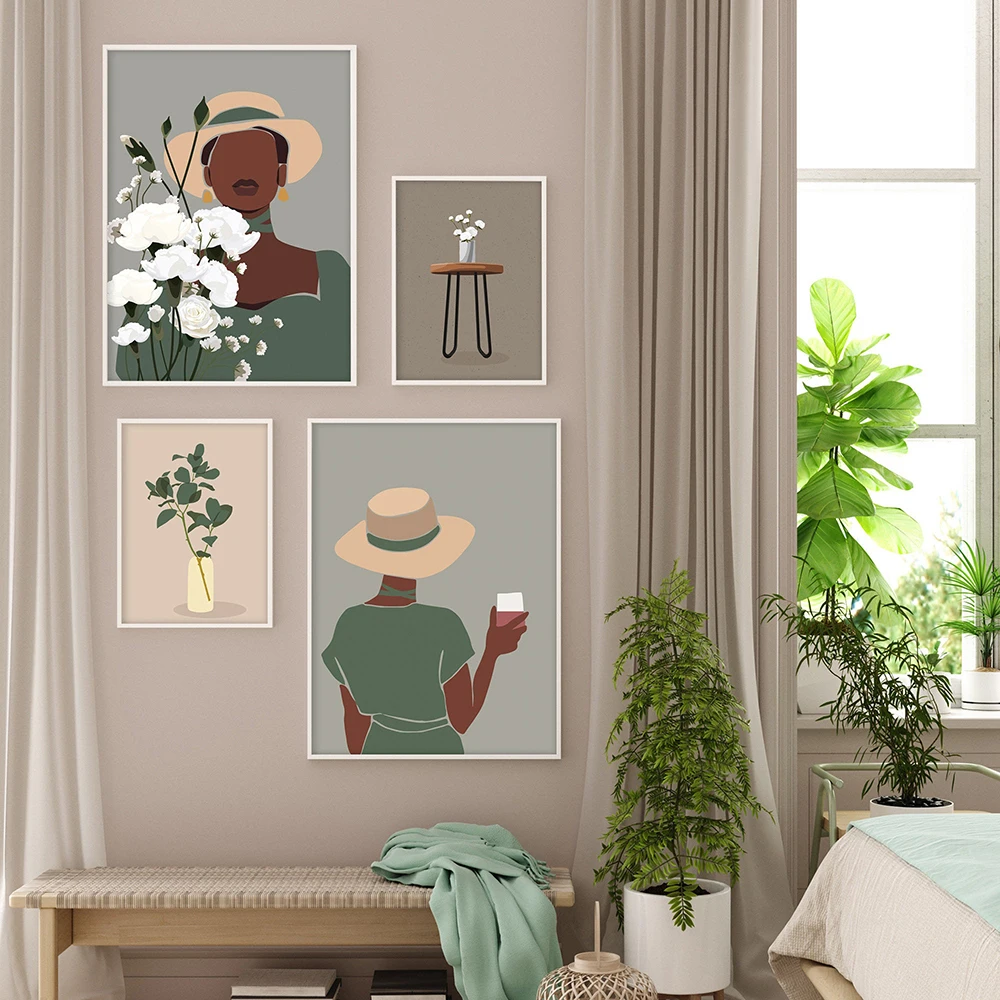 

Fashion Floral Woman Black Girl Nordic Posters And Prints Wall Art Canvas Painting Dorm Wall Pictures For Living Room Decoration