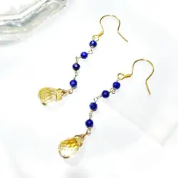 Lii Ji 925 Sterling Silver Natural Lapis Lazuli Citrine Drop Beads Earrings Long Drop Handmade Earrings