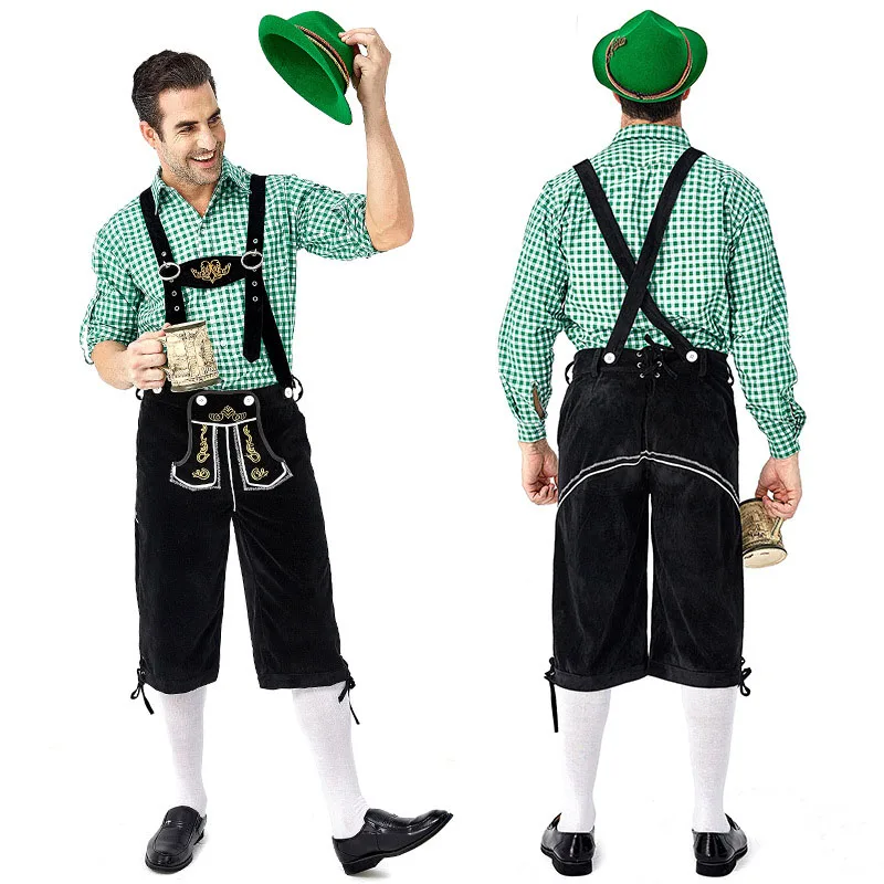 Man Oktoberfest Kostuum Traditionele Beierse Parade Party Set Rood Zwart Plaid Shirt Geborduurde Bandjes Broek Halloween Pak