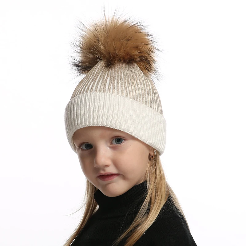 Wool Knitted Winter Hat For Kids Girls Boy Gold Silver Pink Black Metallic Print Beanie Real Fur Pompom Hat