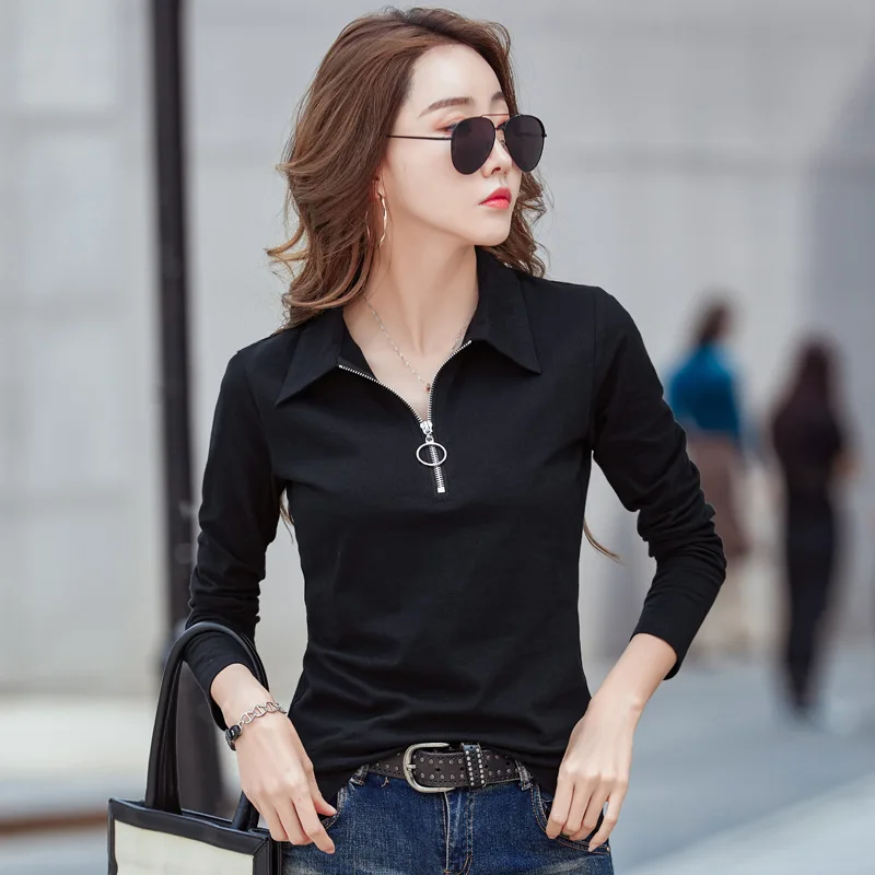 Shintimes Solid Zipper T Shirt Female 2024 Womens Long Sleeve Tops Spring Full Slim Cotton TShirt Woman Clothes T-Shirt Femme