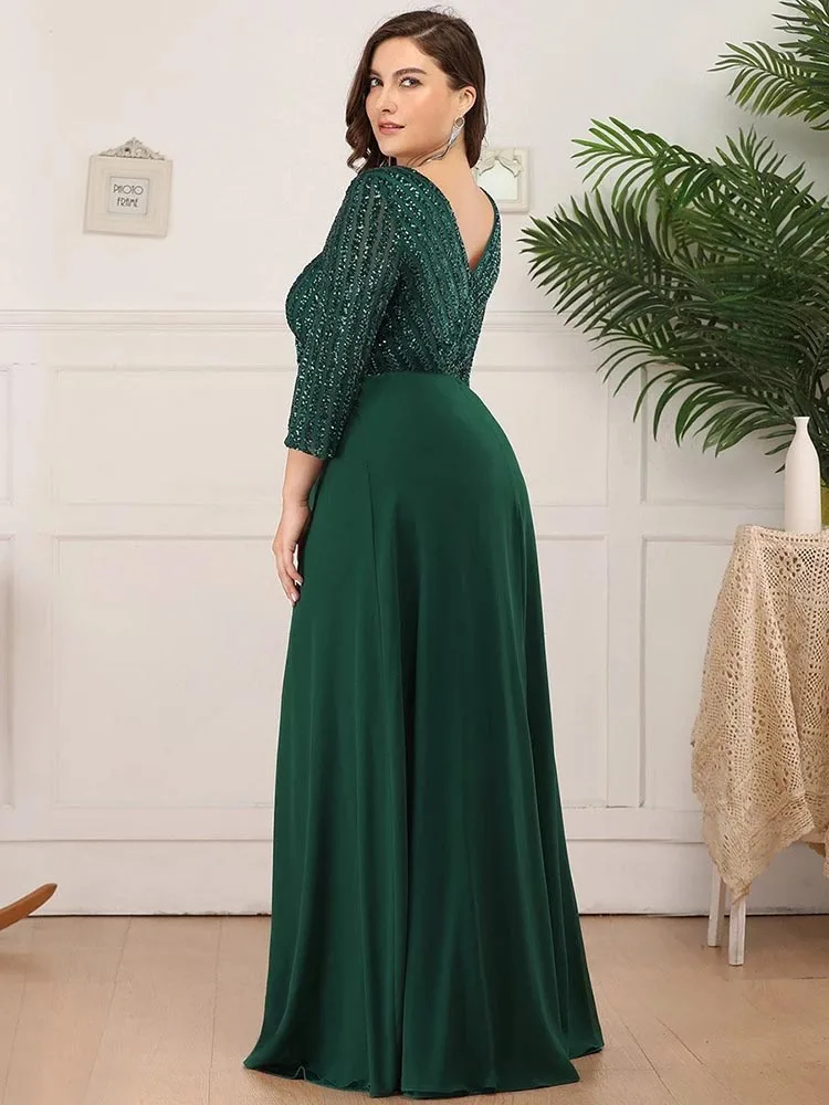 Plus Size Prom Dresses Long Sexy V Neck A-Line Sequin With 3/4 Sleeve 2024 ever pretty of Dark Green Bridesmaid dress Women