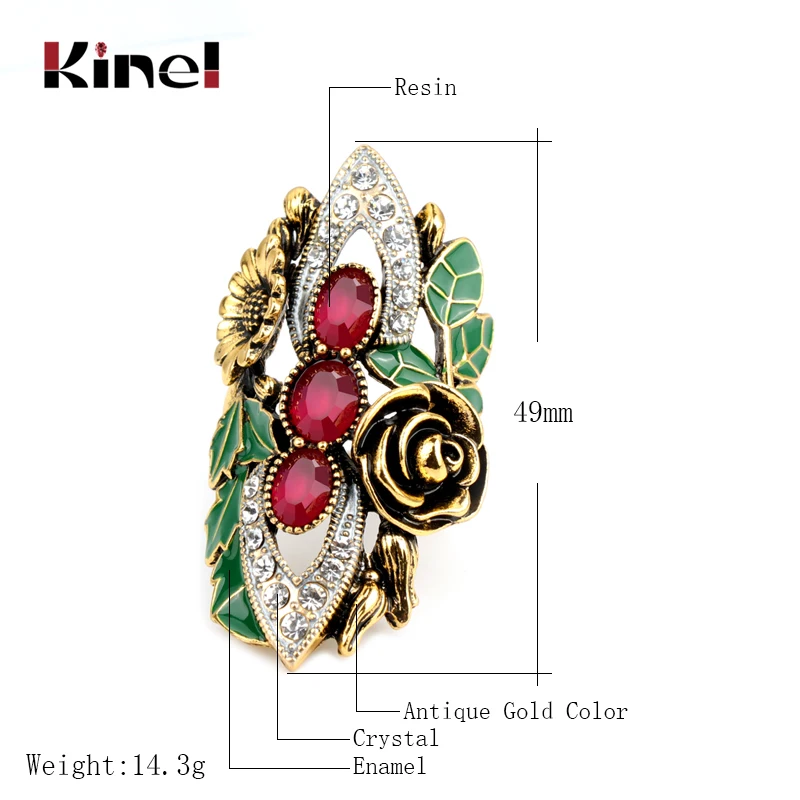 Kinel Luxury Women Rings Vintage Jewelry Antique Gold Color Mosaic Red Zircon Green Enamel Bride Wedding Ring Christmas Gift