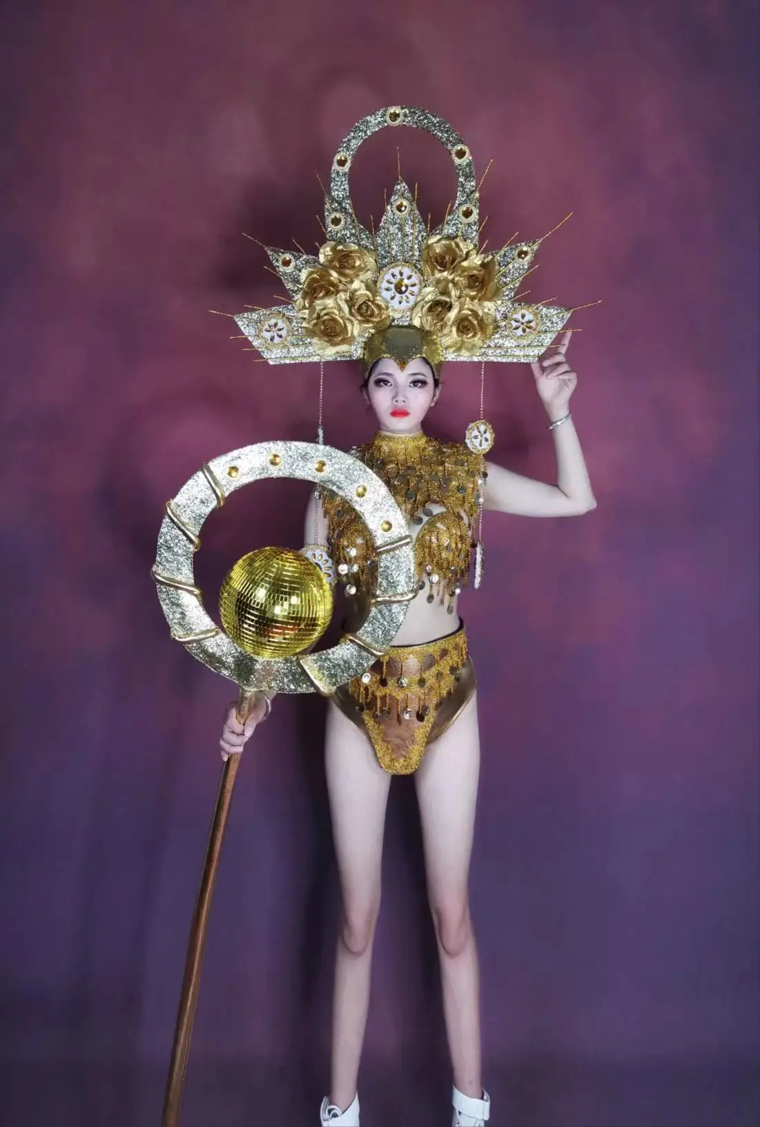 Gold Sun goddess cosplay costume sexy women gogo nightclub bar stage show wear golden bikini headwear set