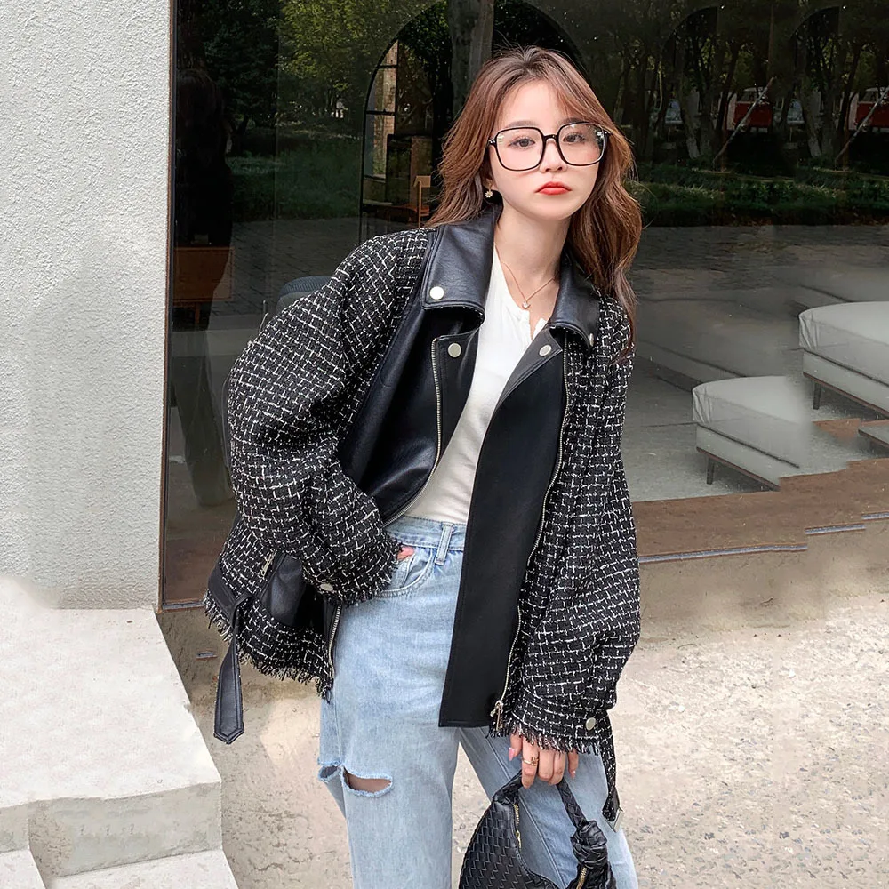 Leather Jacket Women Fashion Chic Spring Fall New Style Small Fragrant Wind Tweed Stitching PU Leather Jacket Loose Short Jacket