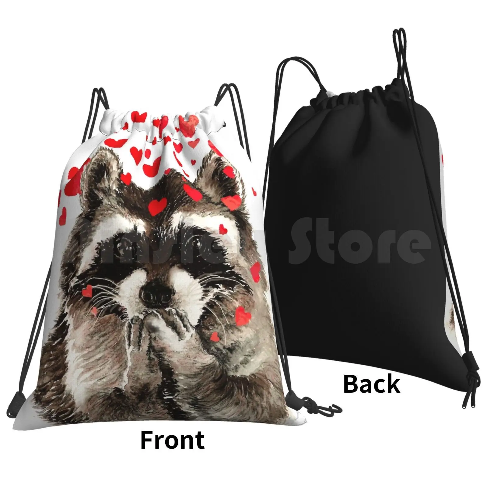 Cute Watercolor Raccoon Blowing Kisses & Hearts Backpack Drawstring Bag Riding Climbing Gym Bag Cute Watercolor Raccoon