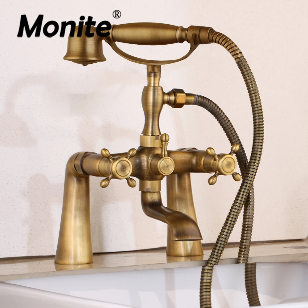 

Monite Antique Brass Bathtub Shower Faucet W/ Hand Shower Bathroom Bath Mixer Tap Faucet Telephone Hot & Cold Mixer Shower Set
