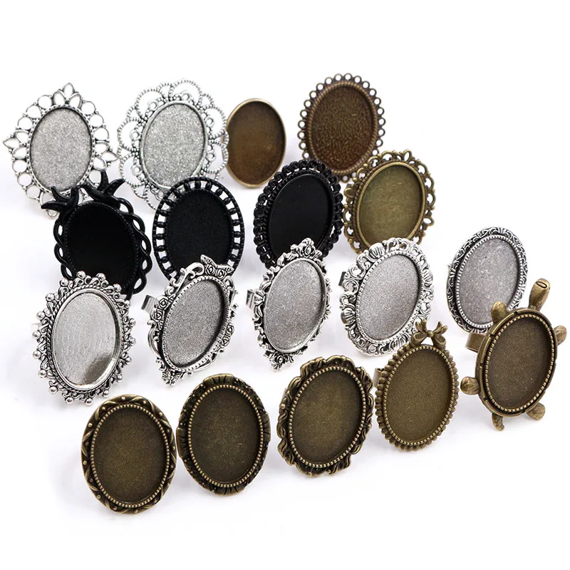 

18x25mm 5pcs Antique Silver Plated/ Bronze/Black Brass Oval Adjustable Ring Settings Blank/Base,Fit 18x25mm Glass Cabochons