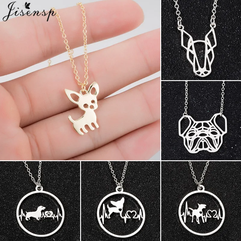 Jisensp Lovely Origami Bulldog Necklaces for Women Men Fashion Animal Puppy Dog Charm Necklace Stainless Steel Jewelry Collares