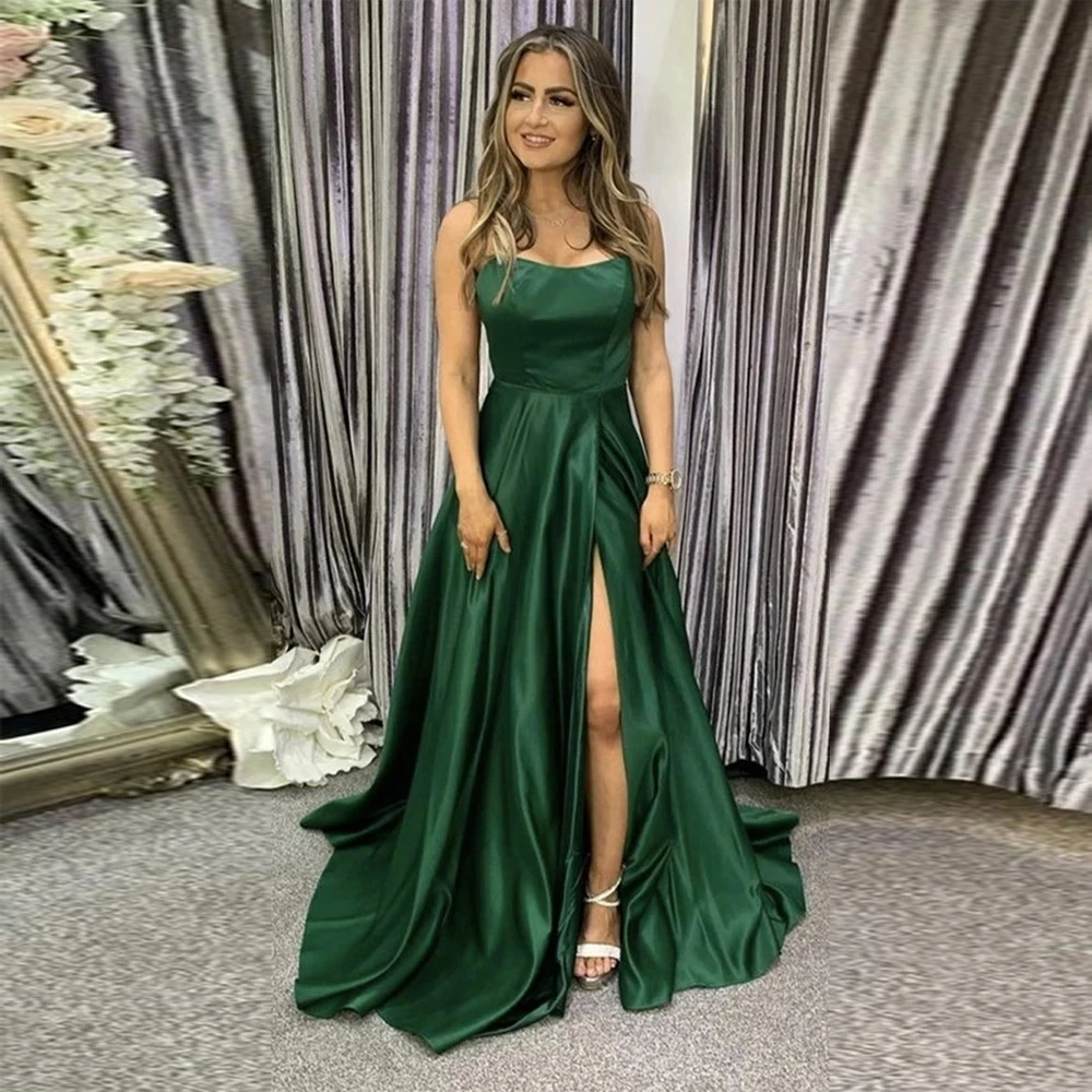 

2024 Green A line Prom Dresses Long Side Slit Spaghetti Strap Sexy Satin Formal Evening Dress Back Bandage Prom Gown Vestido