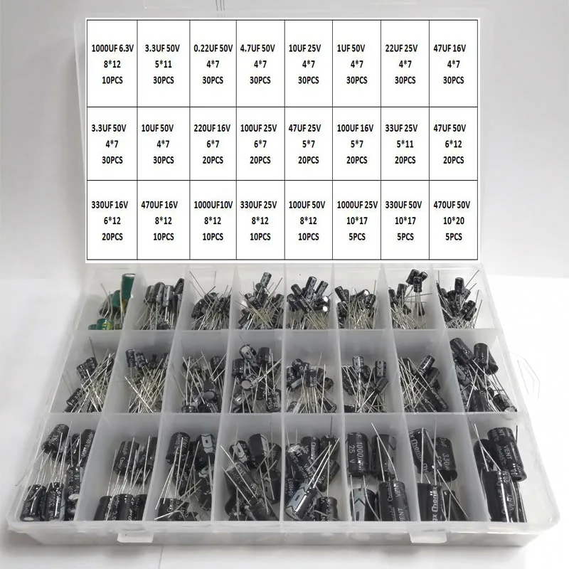 

475Pcs/lot 0.22UF-1000UF 24Values Aluminum 6.3-50V Mix Electrolytic Capacitor Assorted Kit And Storage Box