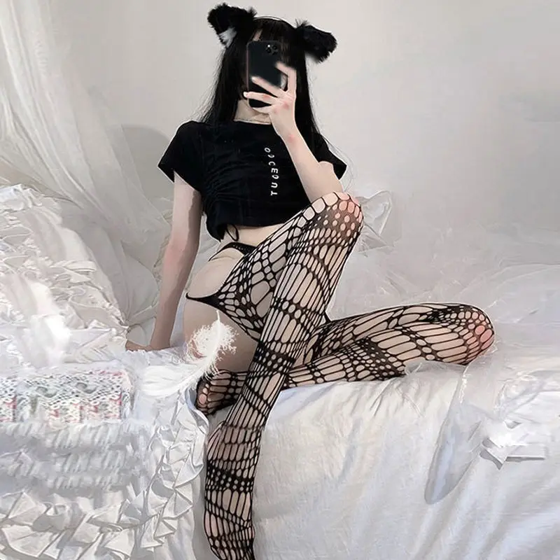 Japanese Harajuku Hollow Fishnet Stockings Tights Women Fashion Hollow Out Black Gothic Full Body Fishnet Stockings Pantyhose