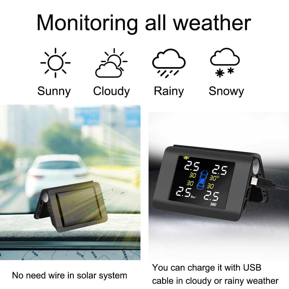 Foldable Monitor Solar TPMS Car Tire Pressure Monitoring System Tyre Diagnostic Tools Test Sensors Tester Automotive Accessories