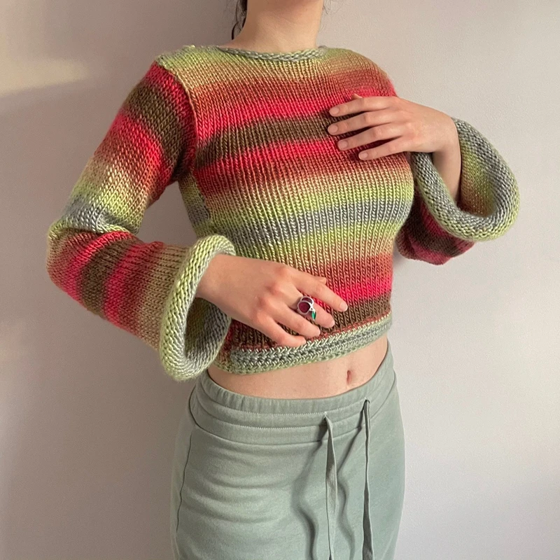 Autumn Winter 90s Vintage Knitted Sweaters Striped Crimping Cropped Pullovers Chic Women Kawaii Knitwear y2k Retro Streetwear