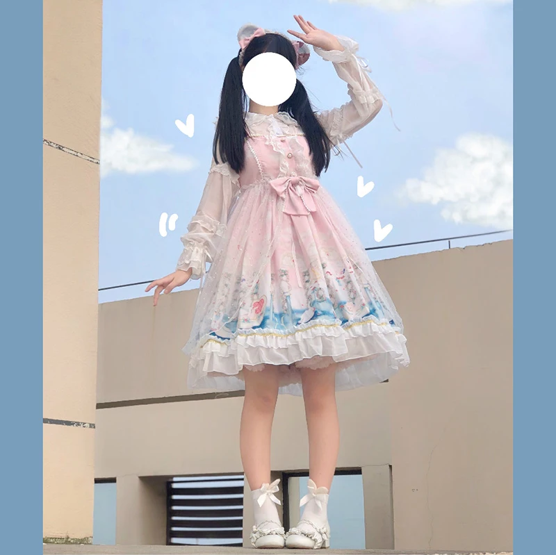 Japanese Lolita Angel Love Printed High Waist Ruffle JSK  Dress Women's fairy dress  tea party  lolita dress  sweet lolita doll