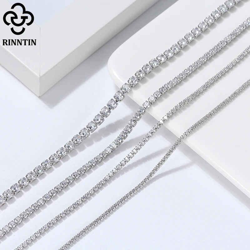 Rinntin solidna 925 Sterling Silver damska tenis naszyjnik musujące okrągła cyrkonia dla kobiet łańcuszek na szyję biżuteria SC45